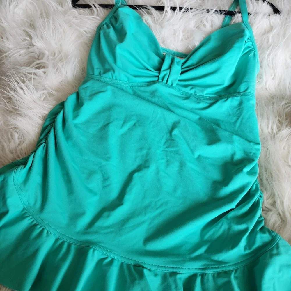 Lands End Underwire Tankini Tank Swim Top Womens Sz 6 Ruffles‎ Rouched Aqua